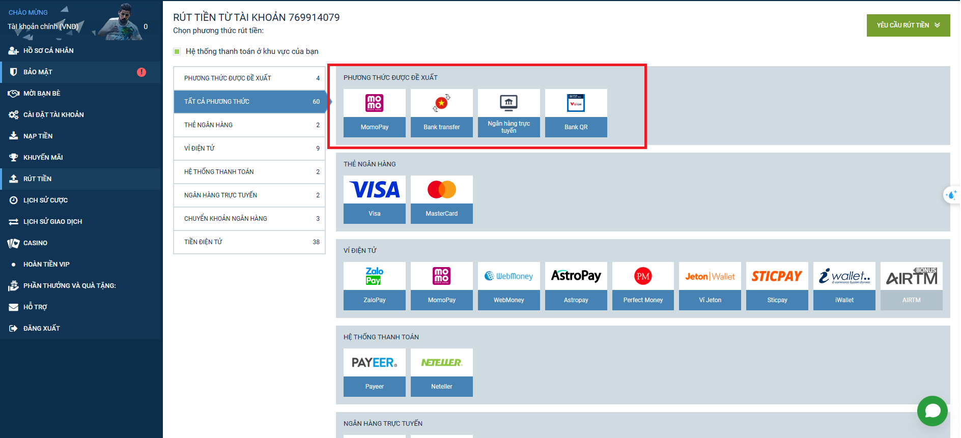 Tất cả các phương thức rút tiền trong sòng bạc 1xBet