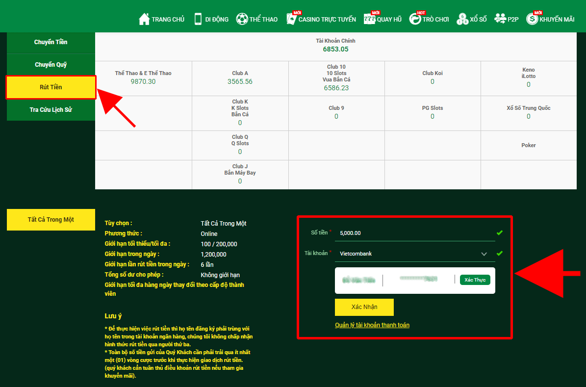 Nhập thông tin rút tiền từ FB88