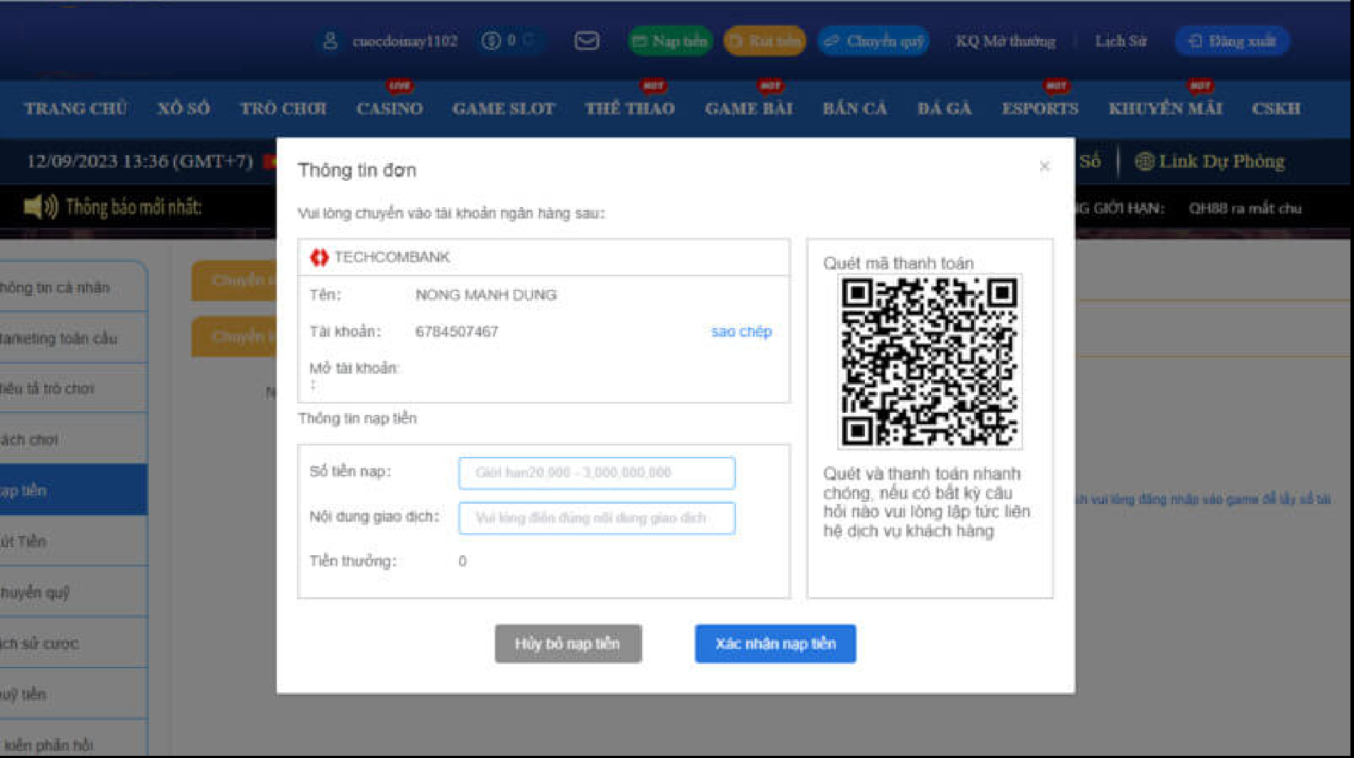 Hướng dẫn gửi tiền vào QH88