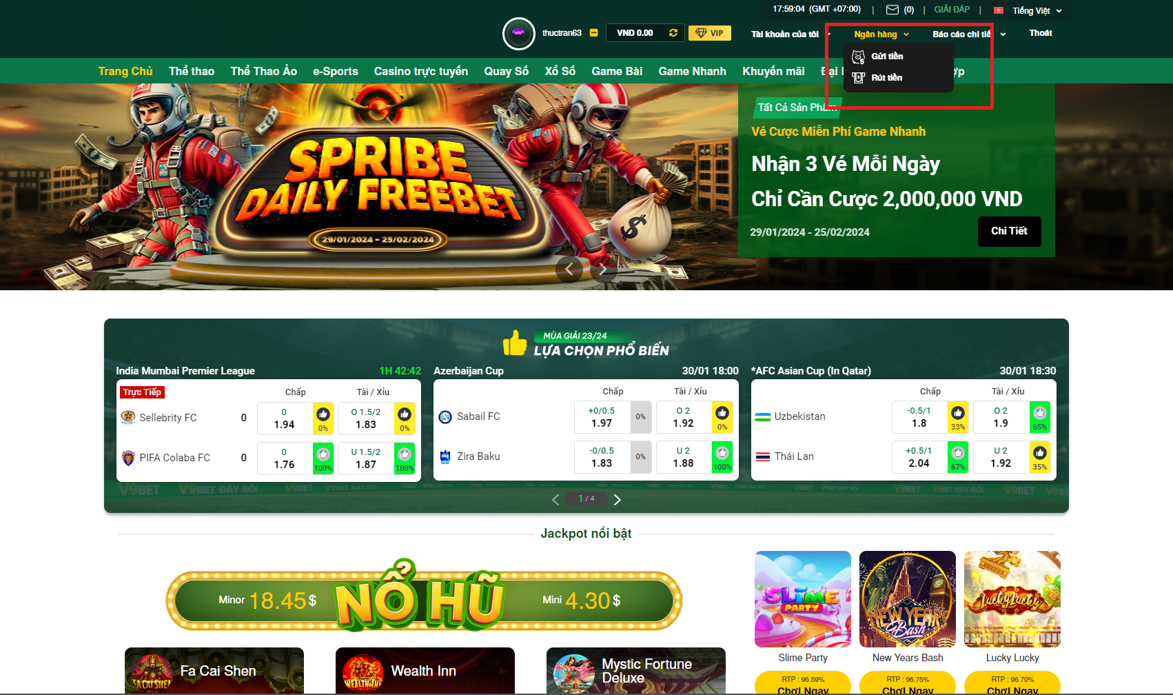 Gửi tiền vào tài khoản V9Bet của bạn