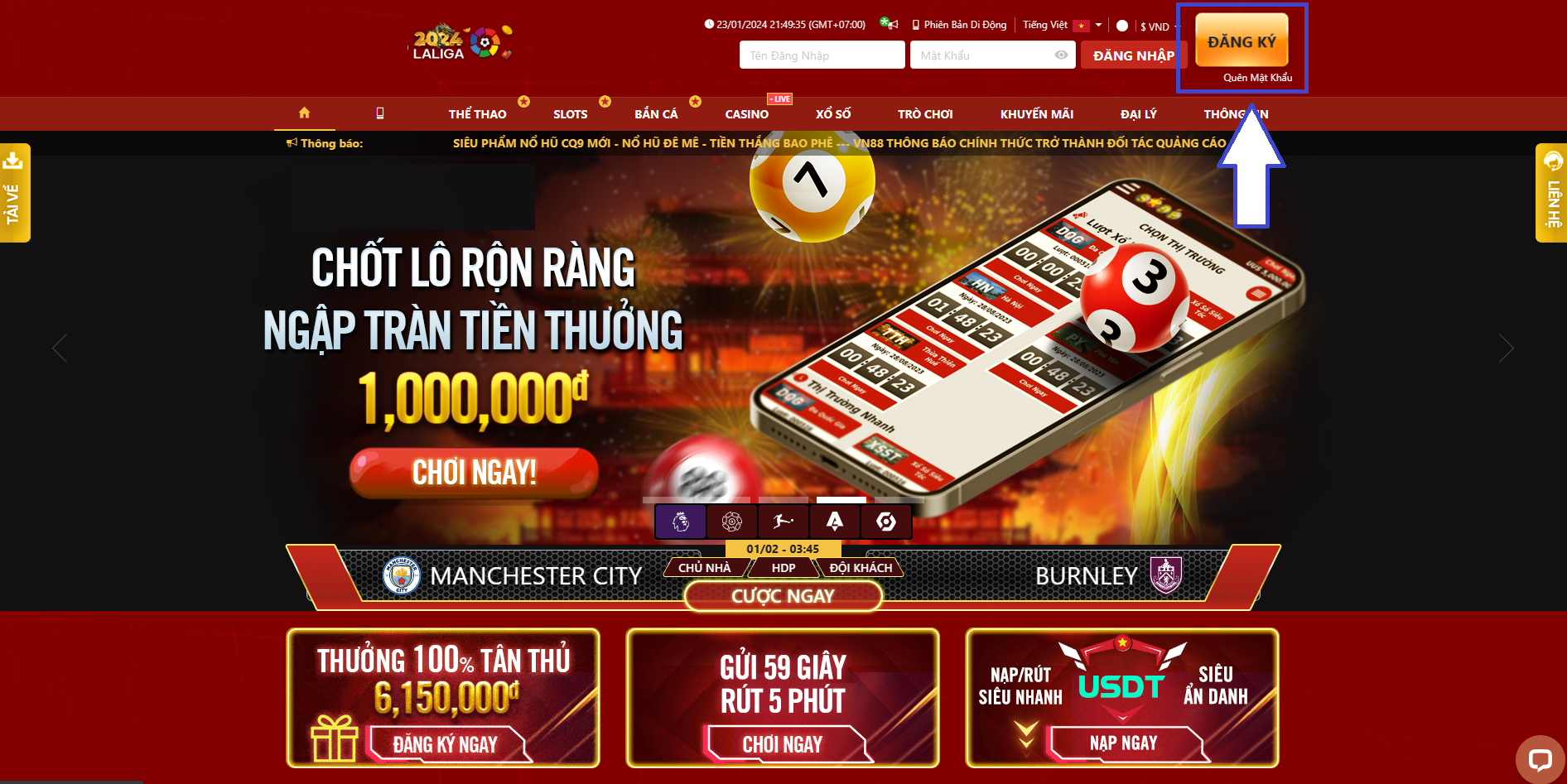 Nút tạo tài khoản tại sòng bài nổi tiếng VN88